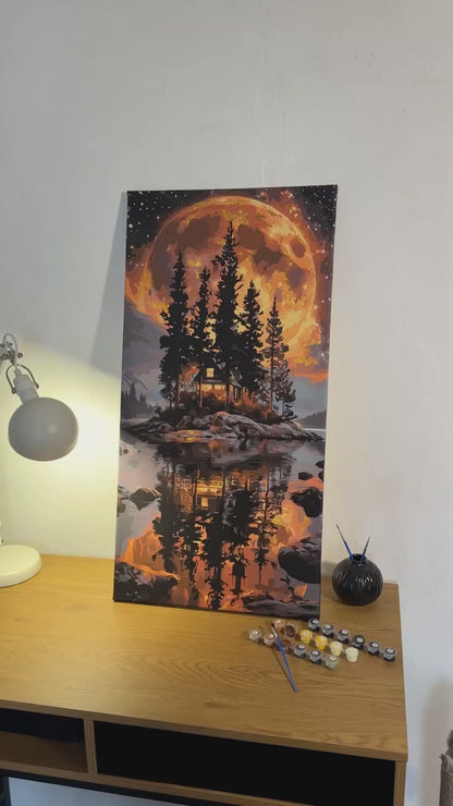 Számfestés kereten 40×80 cm Tájkép sziget a hold alatt fémes színekkel LW 5184