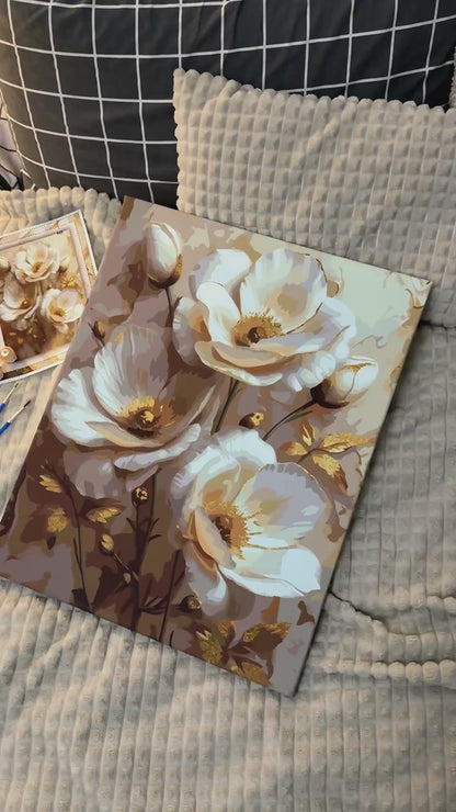 Számfestés kereten 40×50 cm Fehér virágok fémes színekkel LW 3302