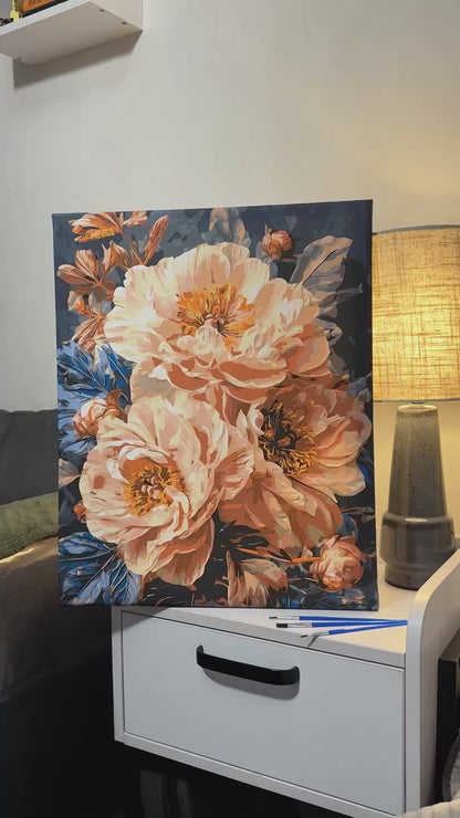 Számfestés kereten 40×50 cm Virágok - Bézs bazsarózsák fémes színekkel LW 3159-01